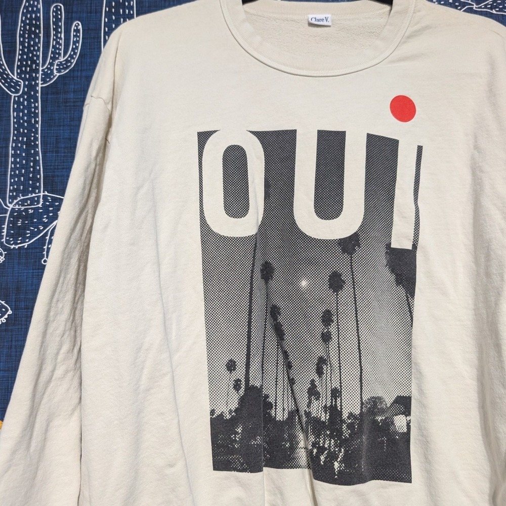 Clare V. Cotton Oui Palm Tree Graphic Crew Neck Sweatshirt Cream Women's Size S - Picture 6 of 11